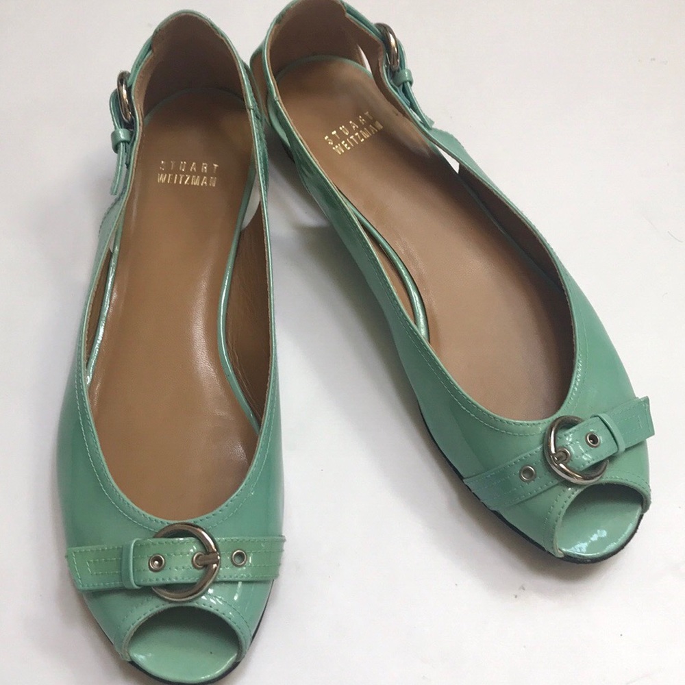 Stuart Weitzman Mint Green Patent Leather Peep-Toe Slingback Flats